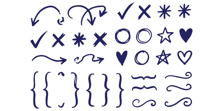 Set of hand drawn doodle arrows stars hearts check marks and brackets in dark blue ink style