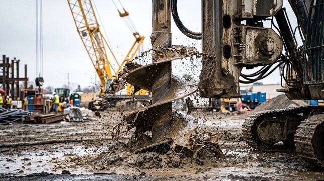 Large industrial auger drill machine drilling into muddy terrain
