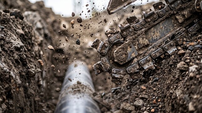 Heavy trenching machine digging through soil and rocks with flying debris