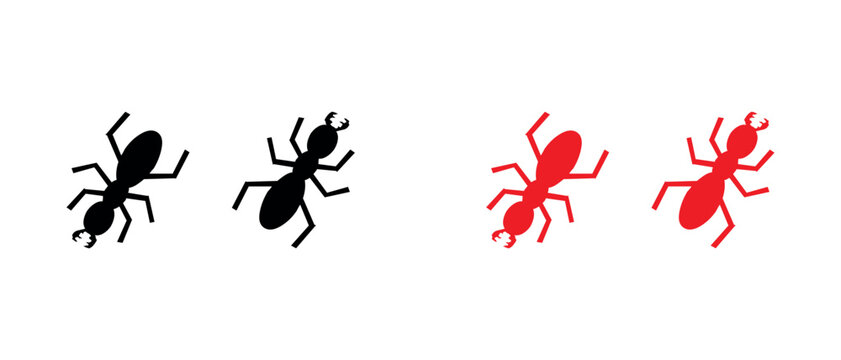 Black and red ant vector icon set representing insects, pest control, nature, and teamwork concepts cleanly.