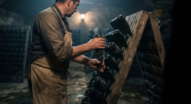 Cellar worker manually turning sparkling wine bottles on traditional wooden riddling racks, highlighting aging, sediment removal, and traditional cellar craftsmanship.