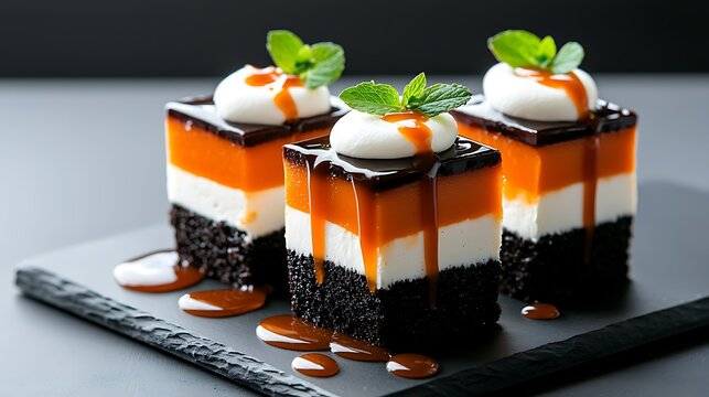 Layered mousse pastries with caramel on slate.