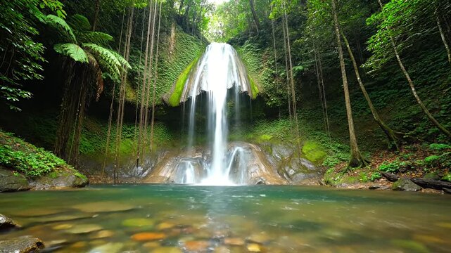 Tropical waterfall flowing into clear pool in jungle.