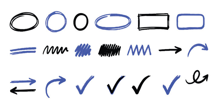 Set of hand drawn circles rectangles arrows and check marks in black and blue ink