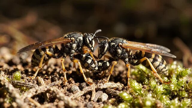 Two wasps interacting on green mossy surface.