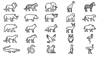 Obraz premium Lion Tiger Leopard Cheetah Heads Black White Outline Vector Collection