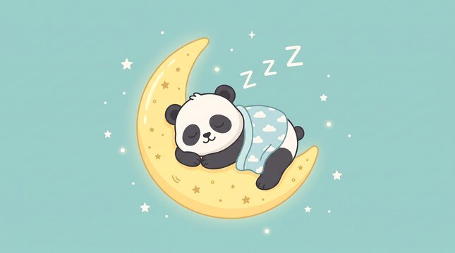 Adorable sleeping panda on crescent moon, cute nursery animal illustration, dreamy starry night sky with baby panda bear