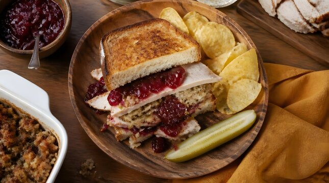 Overhead flat lay of Thanksgiving leftovers with roast turkey mashed potatoes cranberry sauce stuffing and pumpkin pie on wooden table