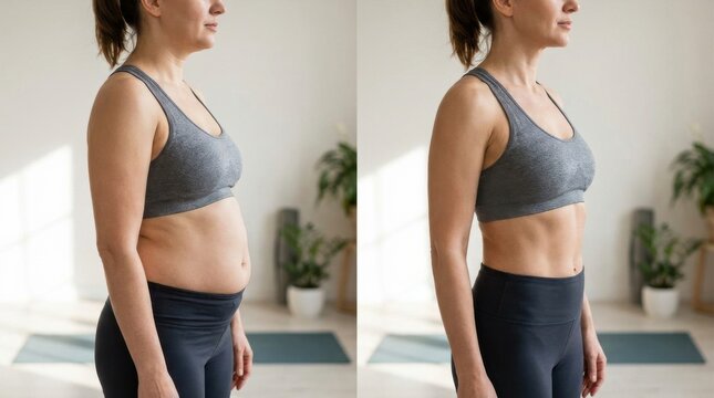 Side view split screen showing female abdominal bloating before and after vacuum breathing exercise.
