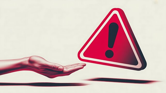 A conceptual of a human hand reaching out towards a large, floating red triangular warning sign with an exclamation mark on a neutral background
