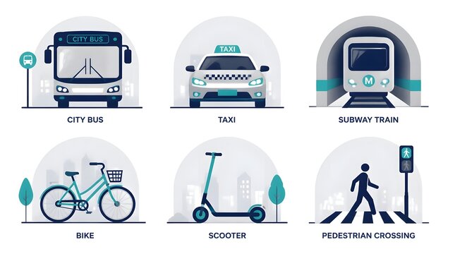 Flat vector icon set of city transportation elements with bus car bicycle train subway taxi scooter traffic light road sign and bus stop