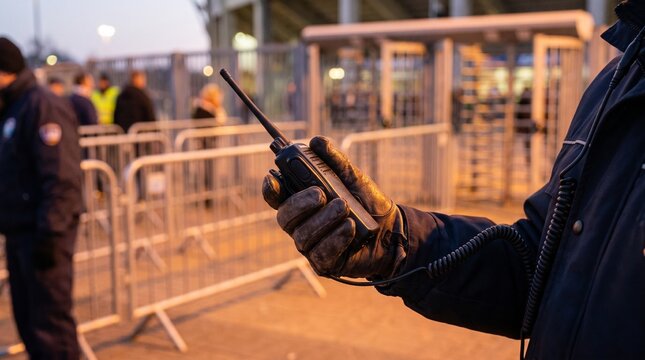 Hand wearing a leather glove holding a portable walkie-talkie radio outdoors.