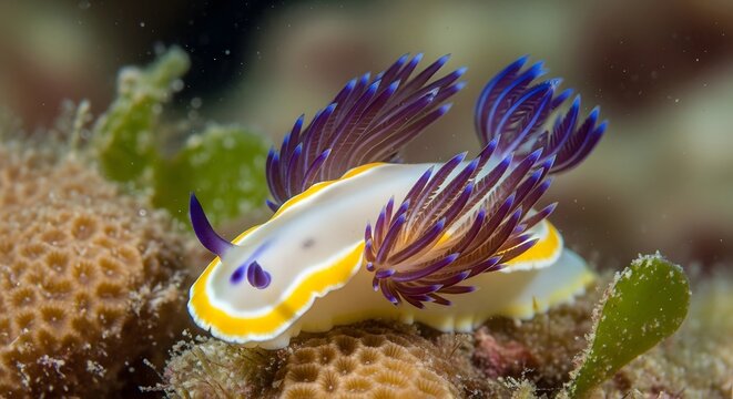 Vibrant nudibranch with purple cerata on coral reef during daylight underwater macro photography