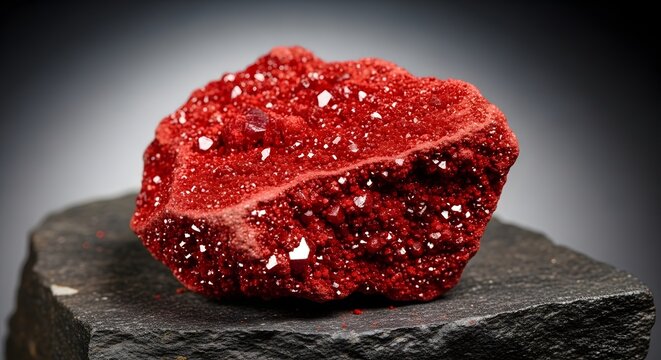 Vibrant red mineral specimen with white crystal inclusions on slate with soft studio lighting
