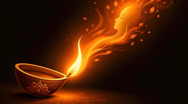 Burning diya oil lamp with glowing flame and wisps of smoke in clean minimal flat vector illustration with decorative light rays