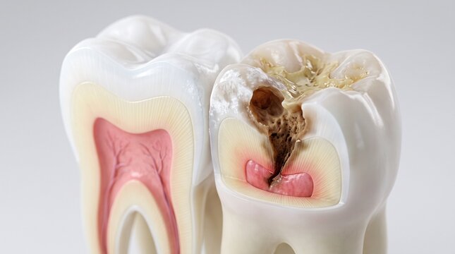 Healthy tooth versus decayed tooth cavity cross-section
