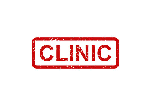 Red ink rubber stamp with the word clinic inside a rectangular border
