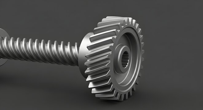 Worm gear mechanism with helical teeth in metallic silver against a dark backdrop
