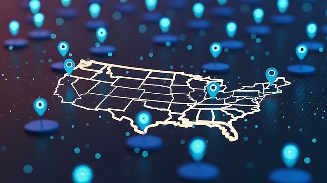 A glowing map of the united states of america with multiple blue location pin markers scattered across the country on a dark digital background