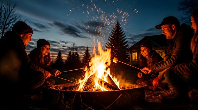 Low angle view of a crackling bonfire with bright orange flames and glowing embers rising into the dark night sky at an outdoor campsite