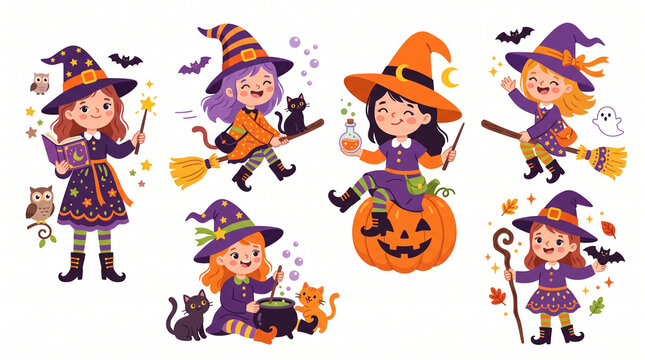 Cute Halloween Witch Character Collection with Brooms, Cats and Potions