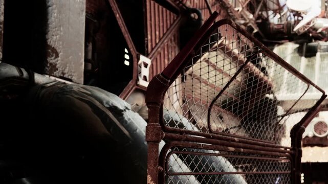 In a forgotten factory, a rusty fence stands amidst large, weathered pipes. Shadows play across the scene, hinting at stories of past labor and industry. The air feels heavy with nostalgia.