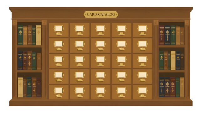 Flat vector illustration of an antique wooden library card catalog cabinet with brass label holders and blank index cards in a heritage library