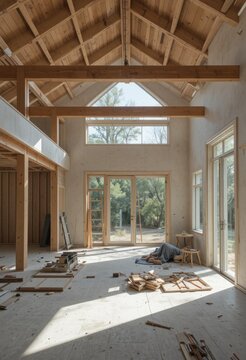 Interior de una vivienda minimalista y elegante a mitad de la reforma, con vigas vistas y herramientas esparcidas; la luz del sol entra a trav&eacute;s de grandes ventanales de suelo a techo a&uacute;n sin terminar