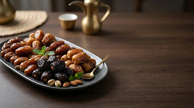 Premium assortment of dried dates and nuts on a platter with traditional Arabic coffee set on a wooden surface, highlighting Middle Eastern hospitality and Ramadan traditions.
