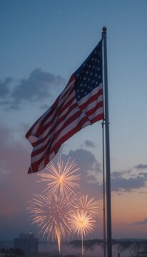 La bandera de los Estados Unidos ondeando en lo alto al atardecer, rodeada de deslumbrantes fuegos artificiales que iluminan el horizonte con colores brillantes