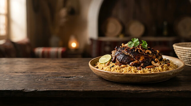 Traditional Middle Eastern roasted meat served over aromatic basmati rice with nuts and lime on a rustic wooden table.