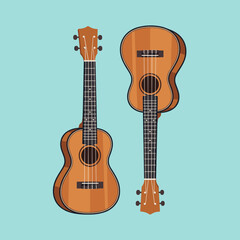 Obraz premium Flat vector illustration of two wooden ukuleles on a light blue background. One instrument is upright, the other inverted, featuring realistic wood grain and string details.