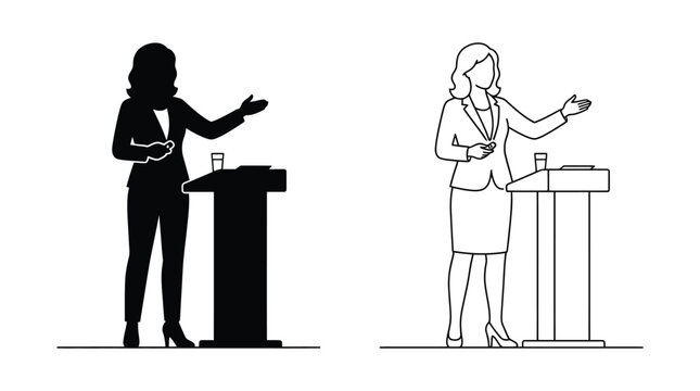 Woman presenting at podium black silhouette against white background