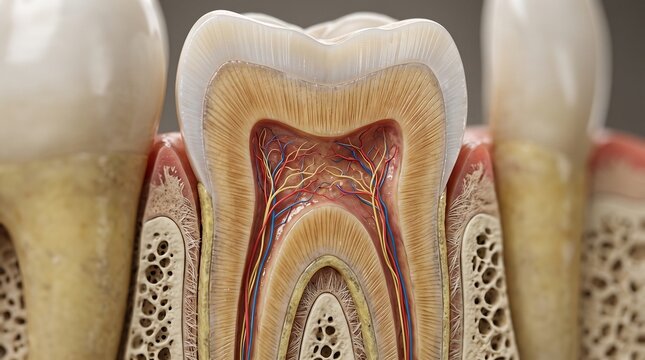 3D medical illustration of a healthy human molar cross-section showing enamel, dentin, root canals, and nerve fibers
