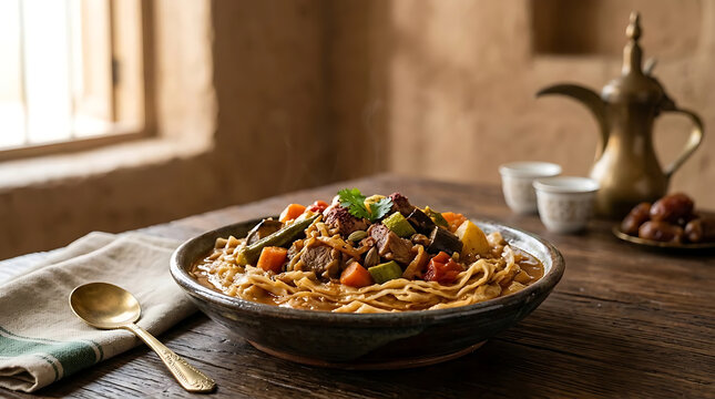 Traditional Middle Eastern meat stew with vegetables served on rustic table with dates and coffee pot.