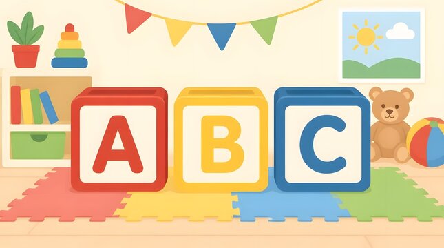 Flat vector illustration of colorful alphabet blocks arranged together displaying letters on a clean studio background for educational play