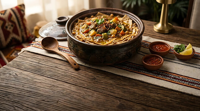 Traditional Middle Eastern meat and vegetable stew served in a large ceramic bowl with flatbread and condiments on a rustic wooden table with ethnic styling.