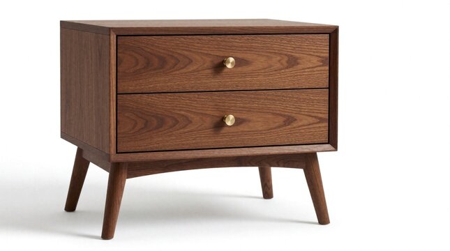 Mid century modern walnut nightstand with two drawers, gold knobs. Functional furniture piece sits on angled legs, ideal for bedroom living room storage. Clean design, white background isolation.