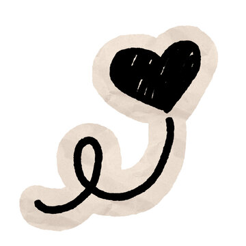 Doodle Heart Swirl Paper. Hand-drawn black heart shape on soft background. Curved stem adds playful twist. Good for journaling, scrapbook or craft.