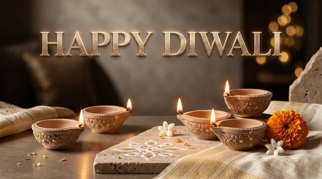 Beautiful festive background featuring glowing diwali diyas and marigold flowers with elegant text wishing everyone a very happy diwali celebration