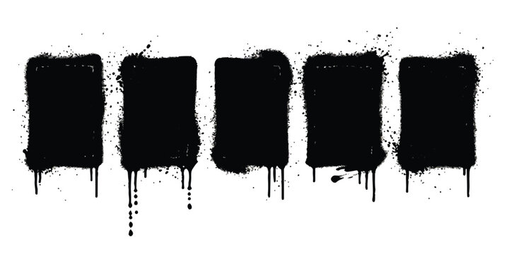 Five black rectangular graffiti spray paint shapes with drips and ink splatters