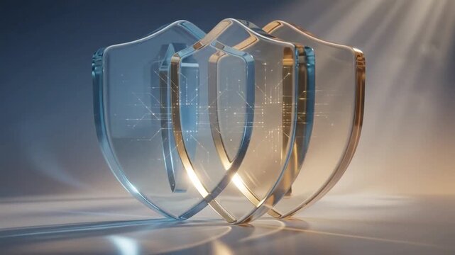 Two glowing glass shields representing digital security and data protection concepts.