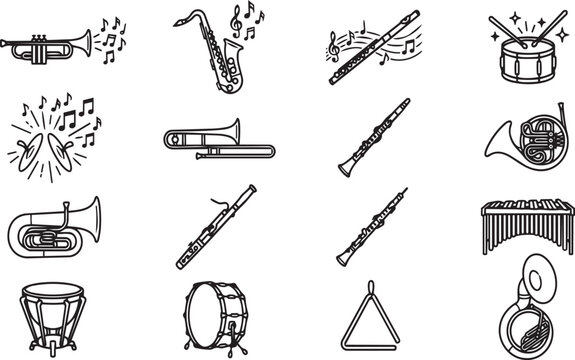 Wind musical instruments outline icons set on transparent background for music education.
