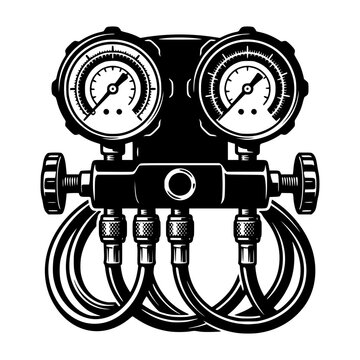 Pressure Gauge Manifold: A set of two pressure gauges with hoses connected, designed for measuring and controlling fluid or gas pressure in industrial or automotive applications.