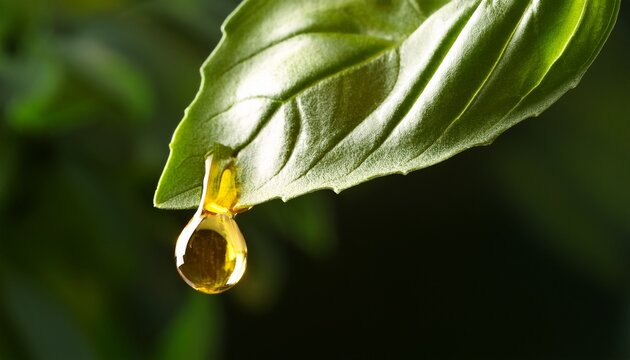 golden oil drop falling from a fresh basil leaf