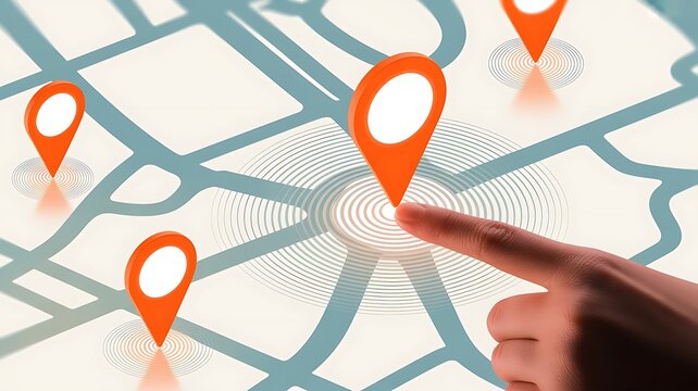 Close up of a finger touching a digital map with glowing orange location pins and circular ripples indicating a selected destination point
