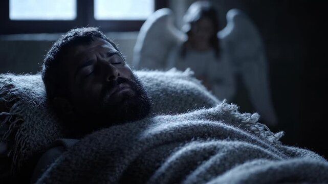 sleeping saint joseph rests peacefully under a thick textured grey blanket while a glowing divine angel appears in the background during his biblical holy dream inside a dark room