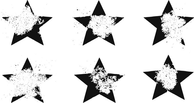 Black Grunge Star Set, Rough Hand Drawn Symbols with Distressed Texture.
