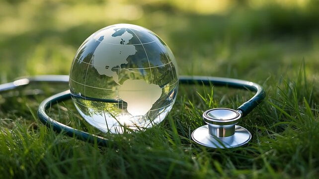 Close up of a transparent glass globe and a medical stethoscope placed on vibrant green grass representing global health and environmental care
