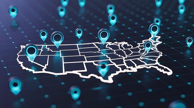 Digital map of the united states of america with glowing blue location pins representing logistics, travel, and nationwide business connectivity